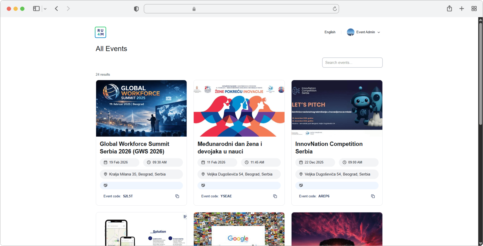 The events page after successful LinkedIn login