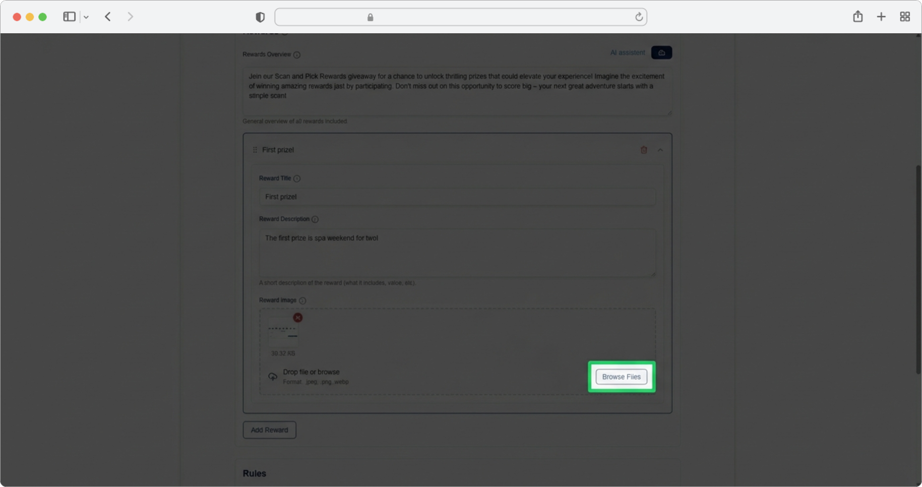 Upload a reward image, then add more rewards or save and continue